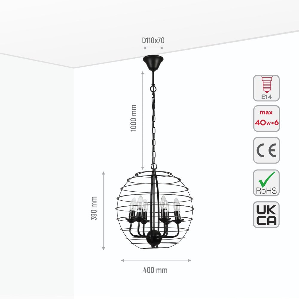 Size and specs of Black Metal Cage Candle Lantern Pendant Ceiling Light with 6xE14 Fittings | TEKLED 158-17564