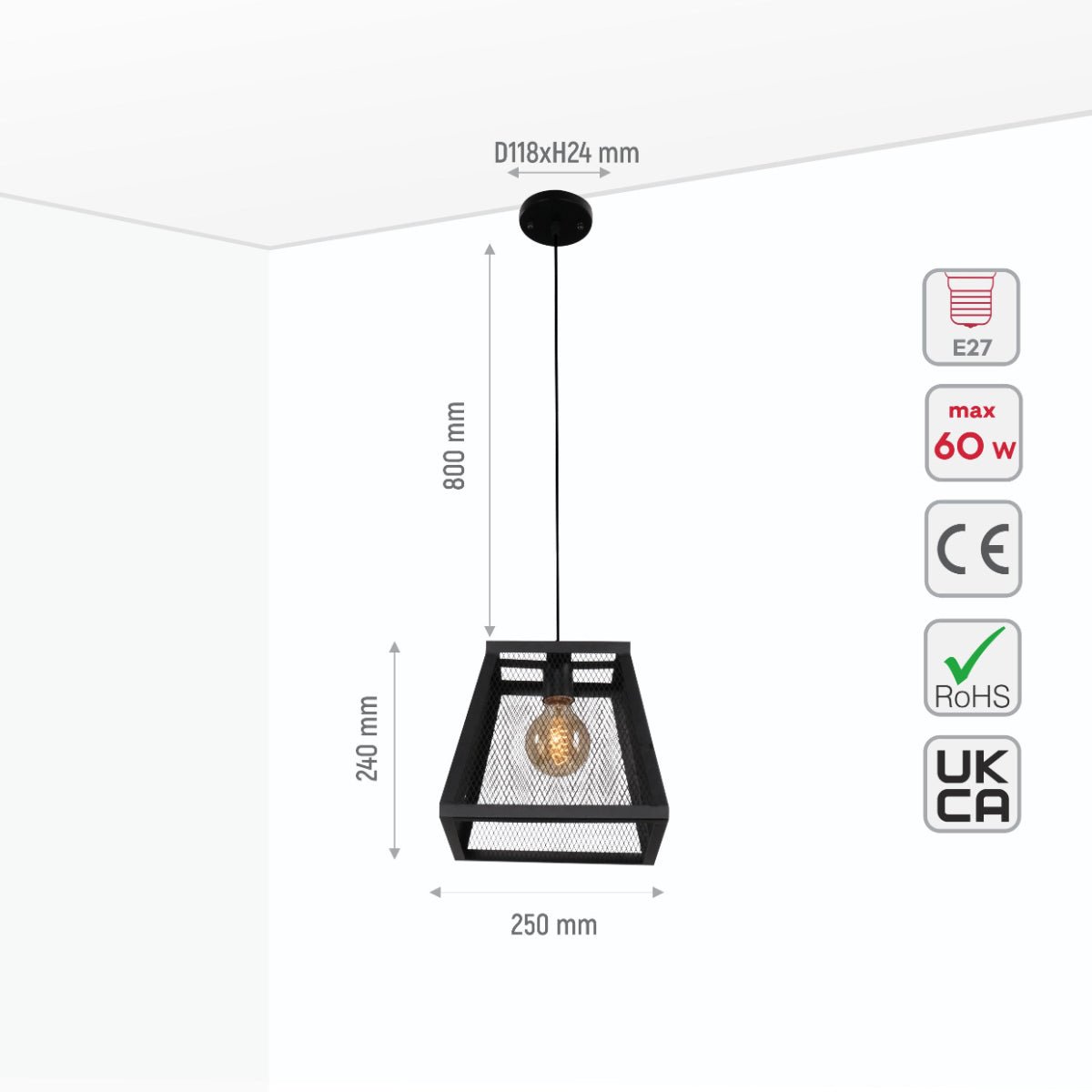 Size and specs of Black Metal Cuboid Caged Pendant Ceiling Light with E27 | TEKLED 150-17856