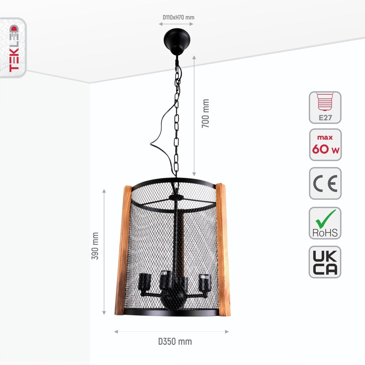 Size and specs of Black Metal Cylinder Cage Pendant Light with 4xE27 Fitting | TEKLED 156-19526