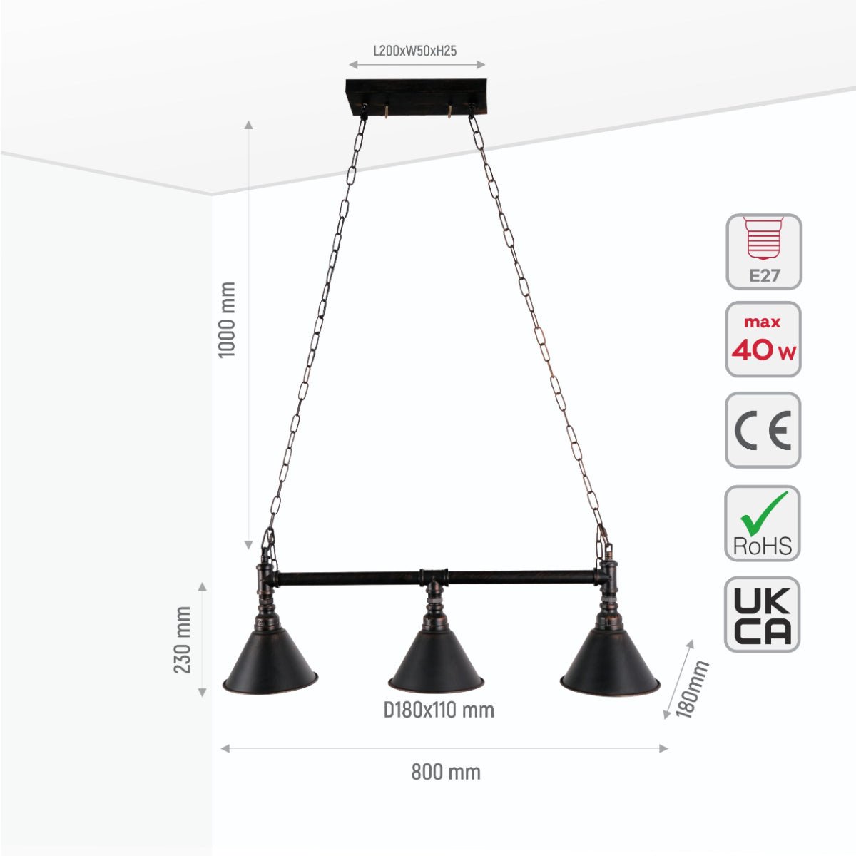 Size and specs of Black Metal Funnel Pipe Island Ceiling Chandelier Light with 3xE27 | TEKLED 150-17966