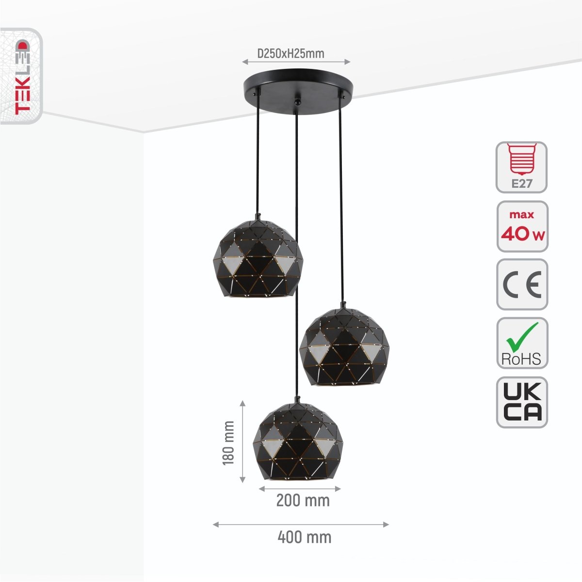 Size and specs of Black Metal Laser Cut Globe Pendant Light with 3xE27 Fitting | TEKLED 150-18256