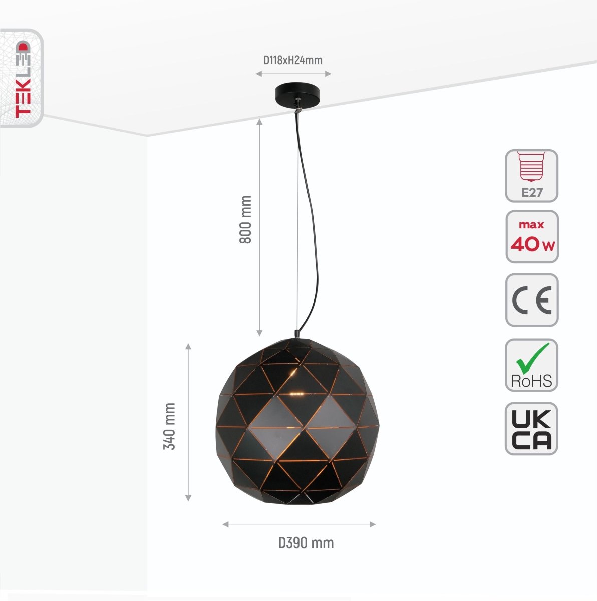 Size and specs of Black Metal Laser Cut Globe Pendant Light X Large with E27 Fitting | TEKLED 150-18250