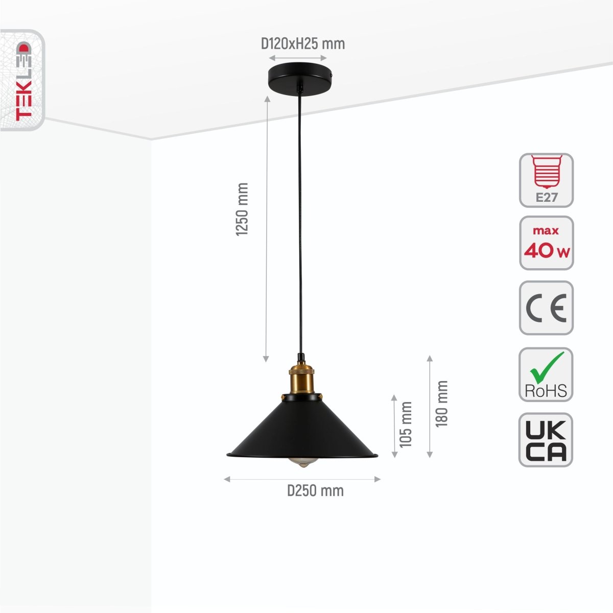 Size and specs of Black Metal Medium Funnel Metal Ceiling Pendant Light with E27 Fitting | TEKLED 150-18360
