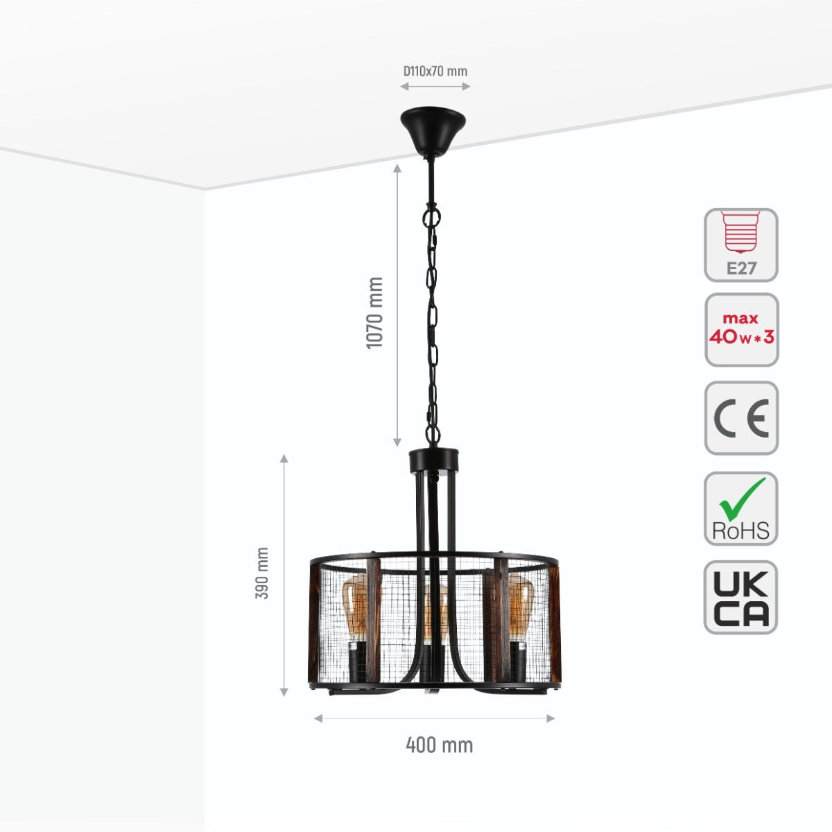 Size and specs of Black Metal Natural Wood Cylinder Cage Pendant Ceiling Light with 3xE27  | TEKLED 156-19530