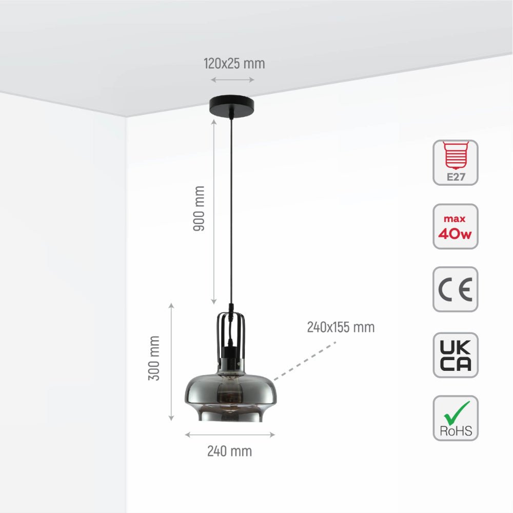 Size and specs of Black Metal Smoky Glass Step Pendant Ceiling Light D240 with E27 Fitting | TEKLED 158-19744