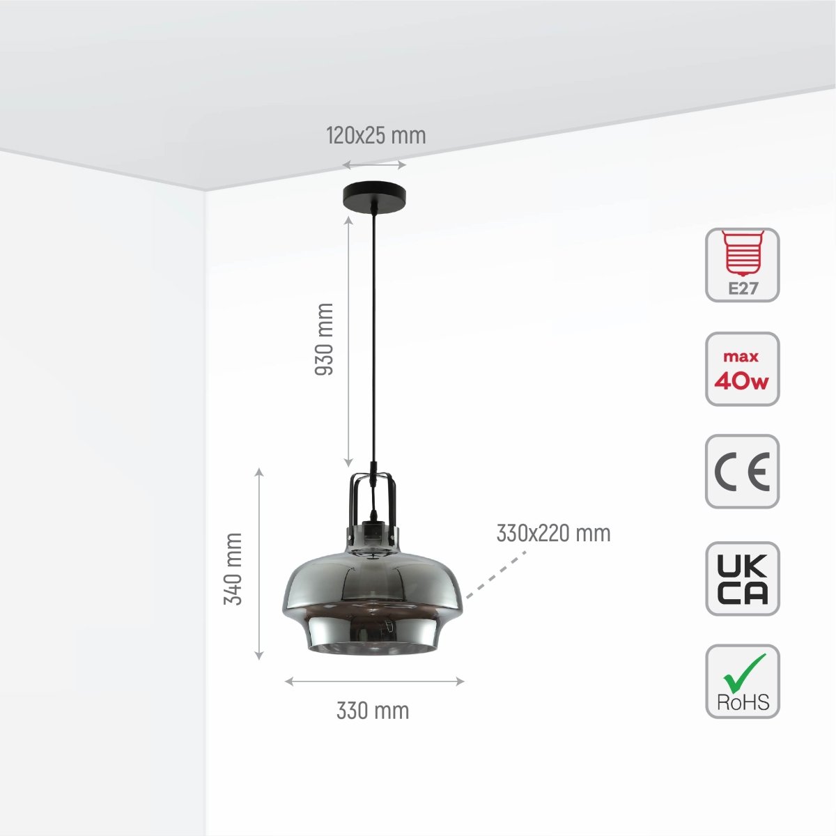 Size and specs of Black Metal Smoky Glass Step Pendant Ceiling Light D240 with E27 Fitting | TEKLED 158-19746