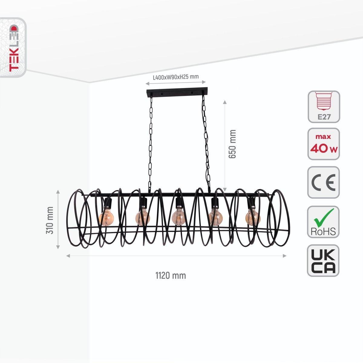Size and specs of Black Metal Spiral Helix Island Chandelier with 5xE27 Fitting | TEKLED 150-18350