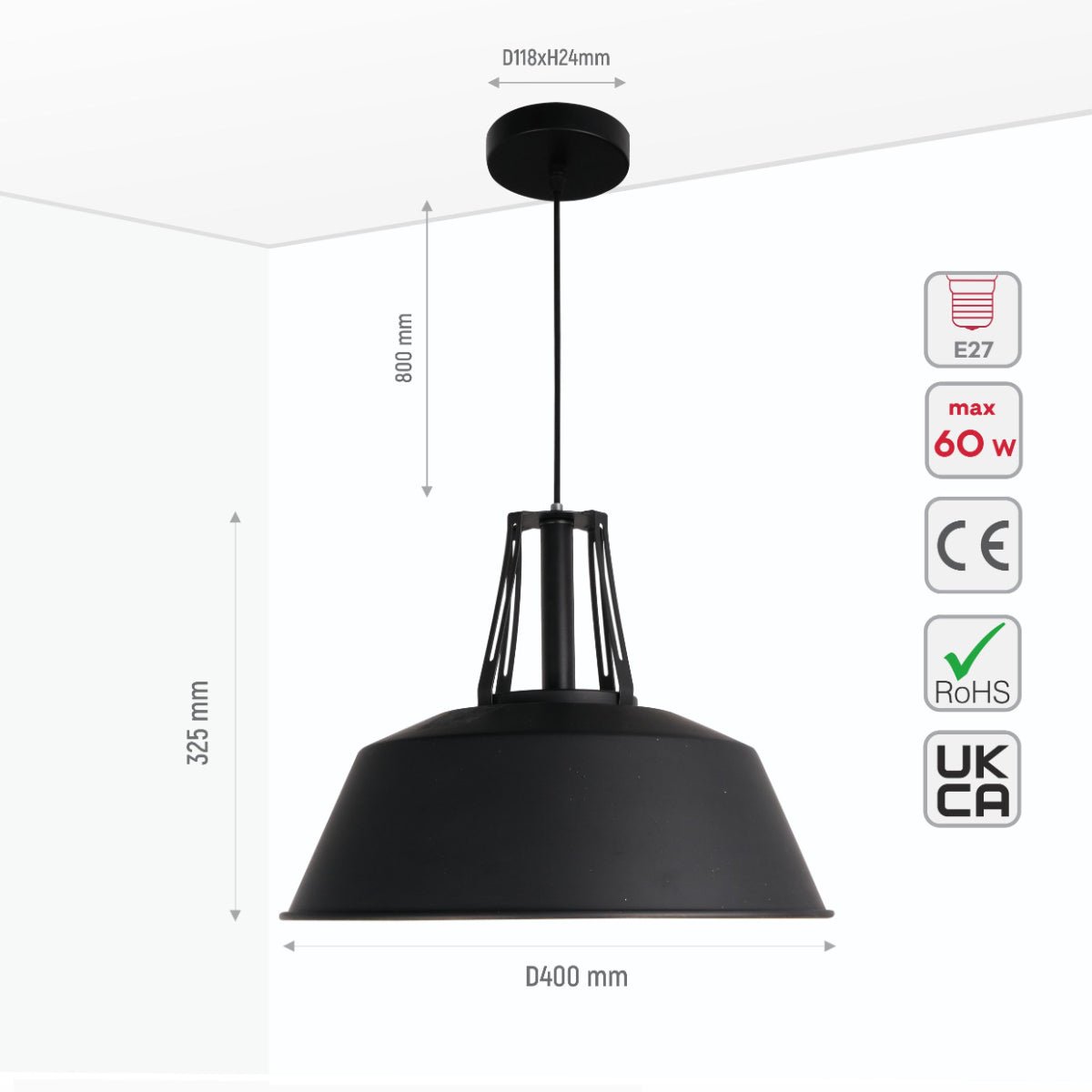 Size and specs of Black Metal Step Pendant Ceiling Light X Large with E27 | TEKLED 150-18113