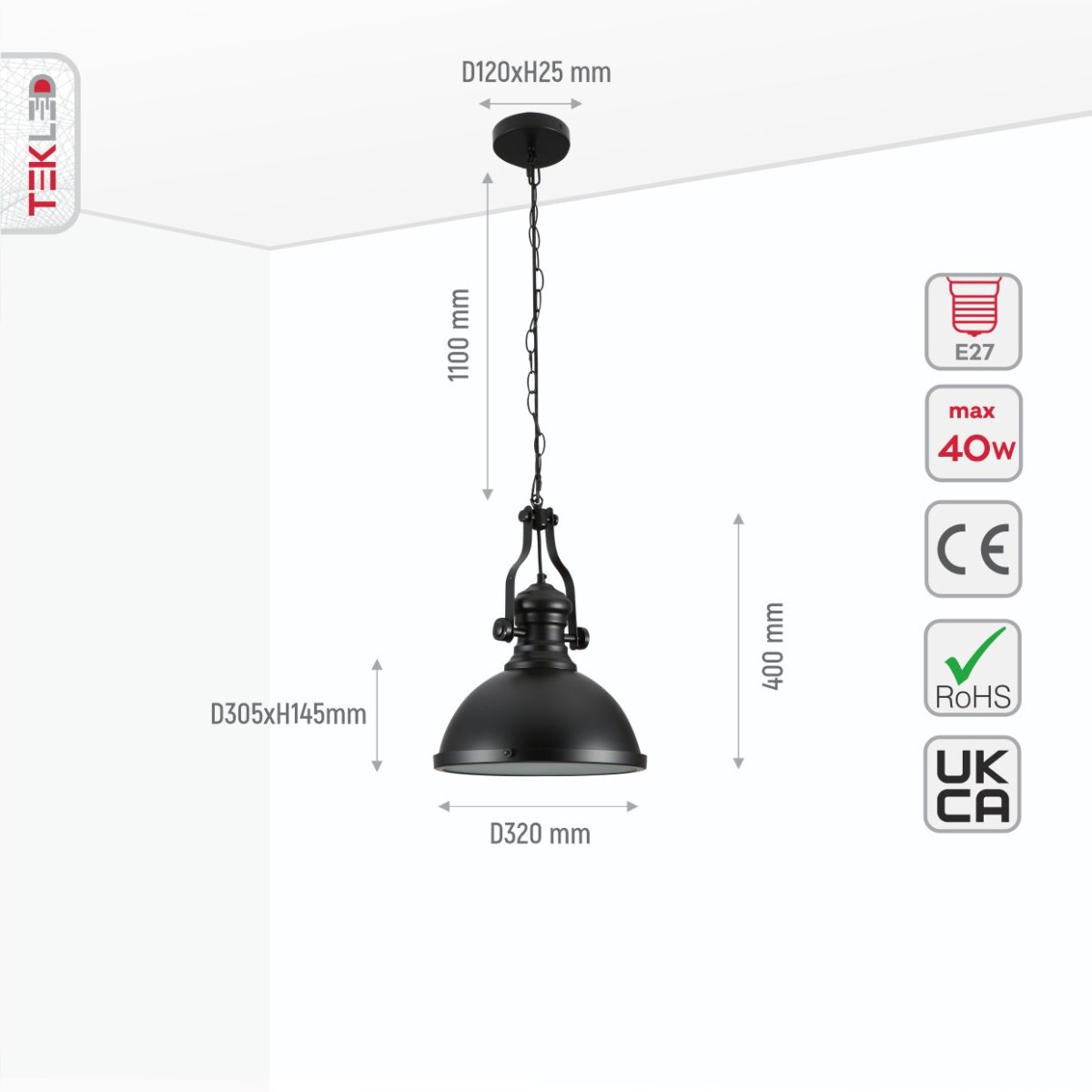 Size and specs of Black Nautical Industrial Caged Dome Shade Glass Metal Ceiling Pendant Light with E27 Fitting  | TEKLED 150-18372