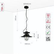 Size and specs of Black Nautical Industrial Caged Flat Shade Glass Metal Ceiling Pendant Light with E27 Fitting  | TEKLED 150-18366