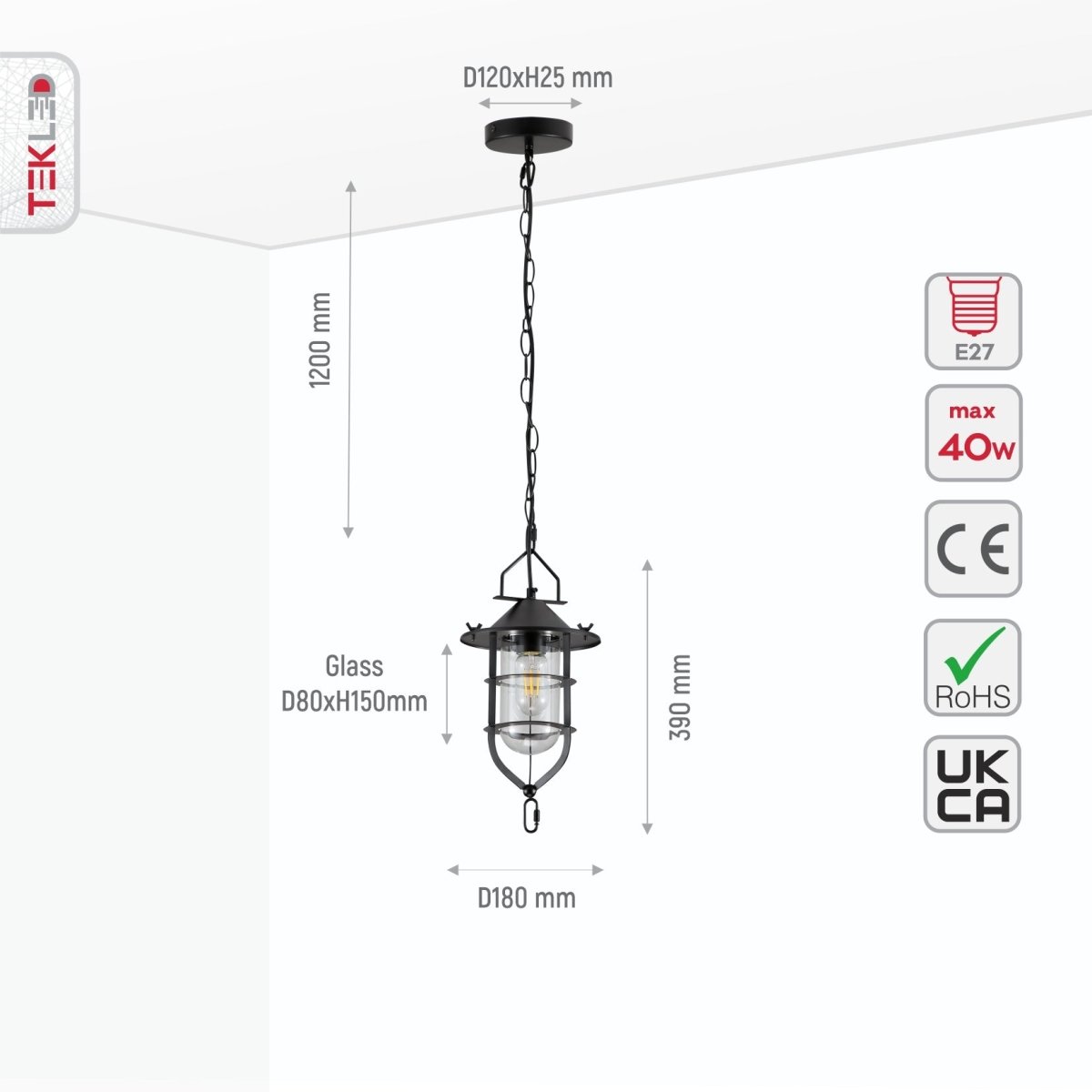 Size and specs of Black Nautical Industrial Caged Flat Shade Small Glass Metal Ceiling Pendant Light with E27 Fitting  | TEKLED 150-18370