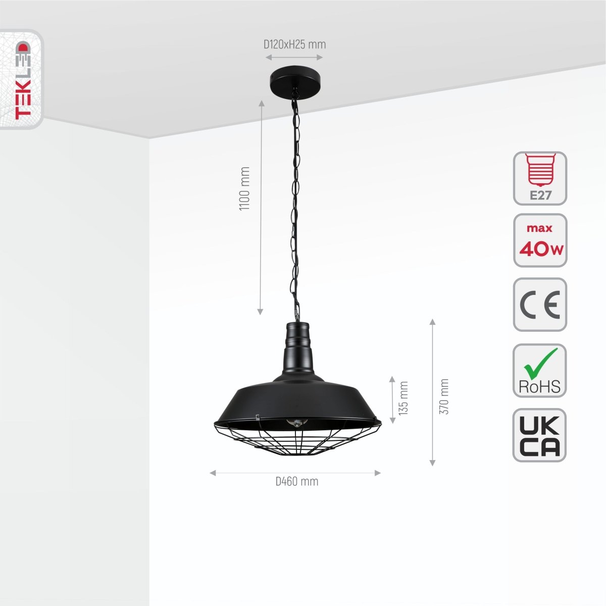 Size and specs of Black Step Caged Industrial Metal Ceiling Pendant Light with E27 Fitting | TEKLED 150-18362
