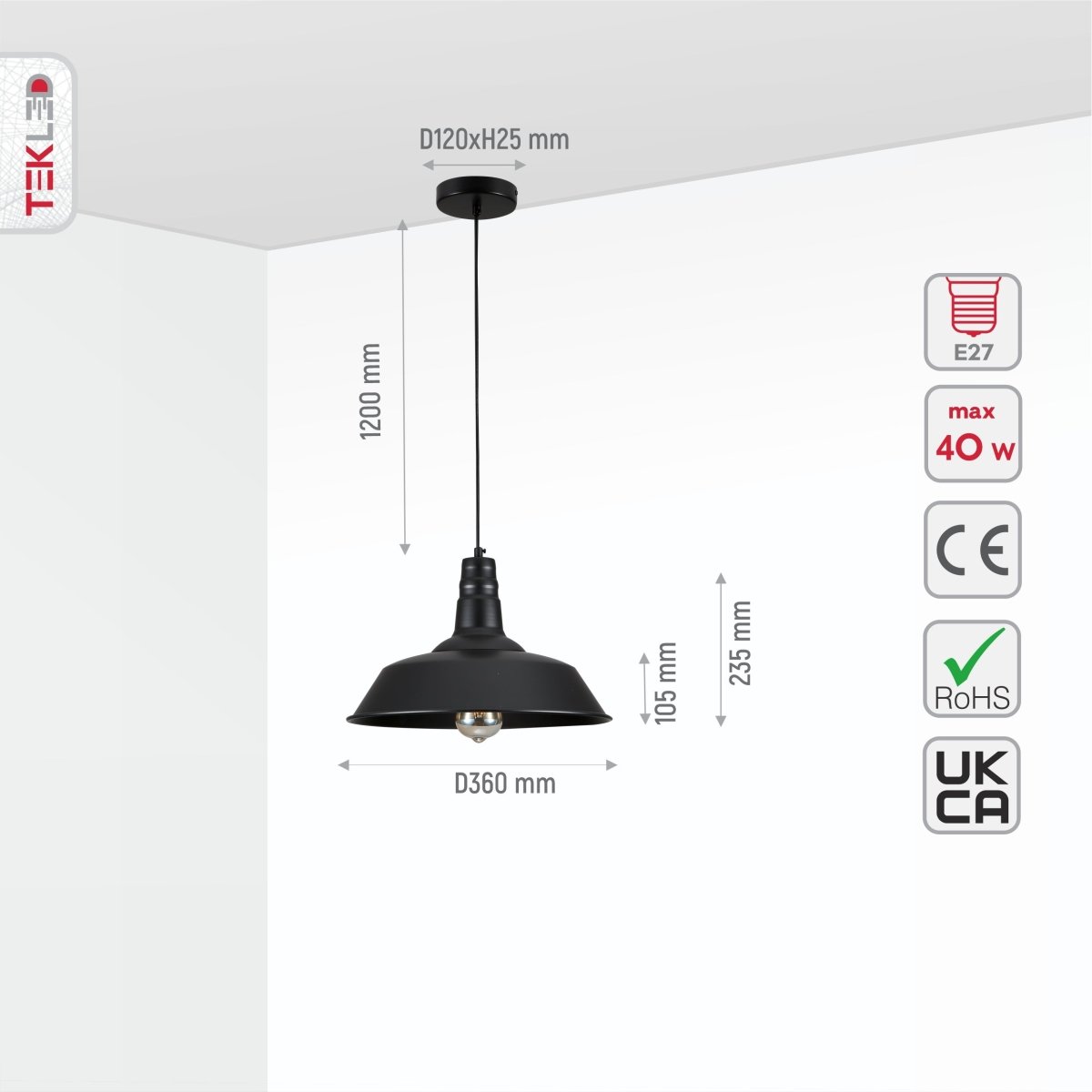 Size and specs of Black Step Industrial Metal Ceiling Pendant Light with E27 Fitting | TEKLED 150-18358