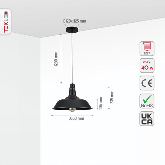 Stylish black pendant light fixture with dimensions and specifications labeled for easy reference.