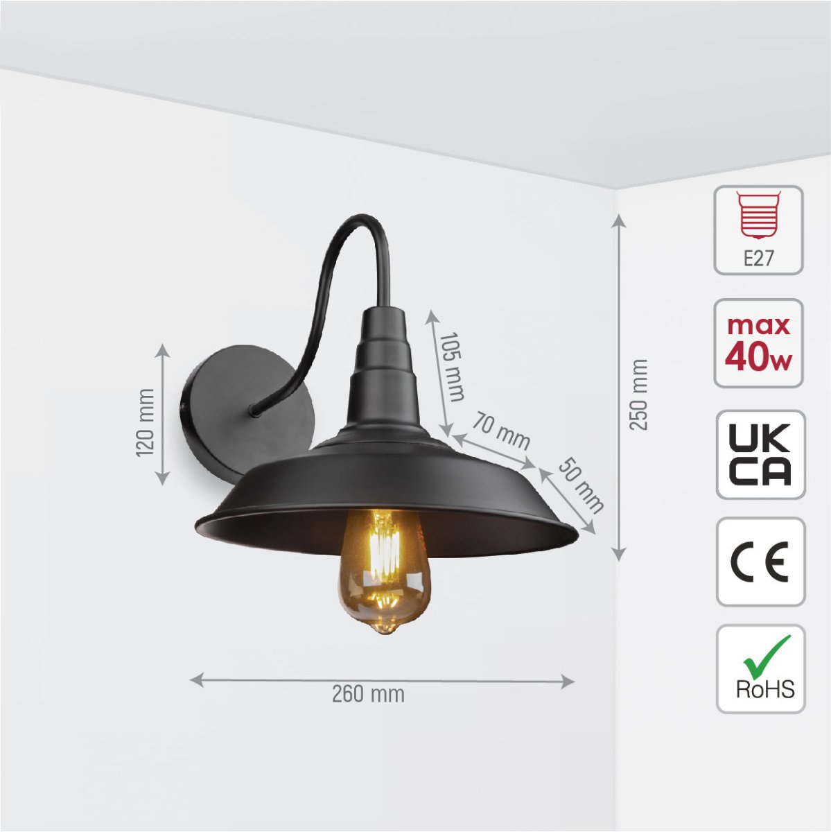 Size and specs of Black Swan Step Metal Industrial Retro Wall Light with E27 Fitting | TEKLED 151-19608