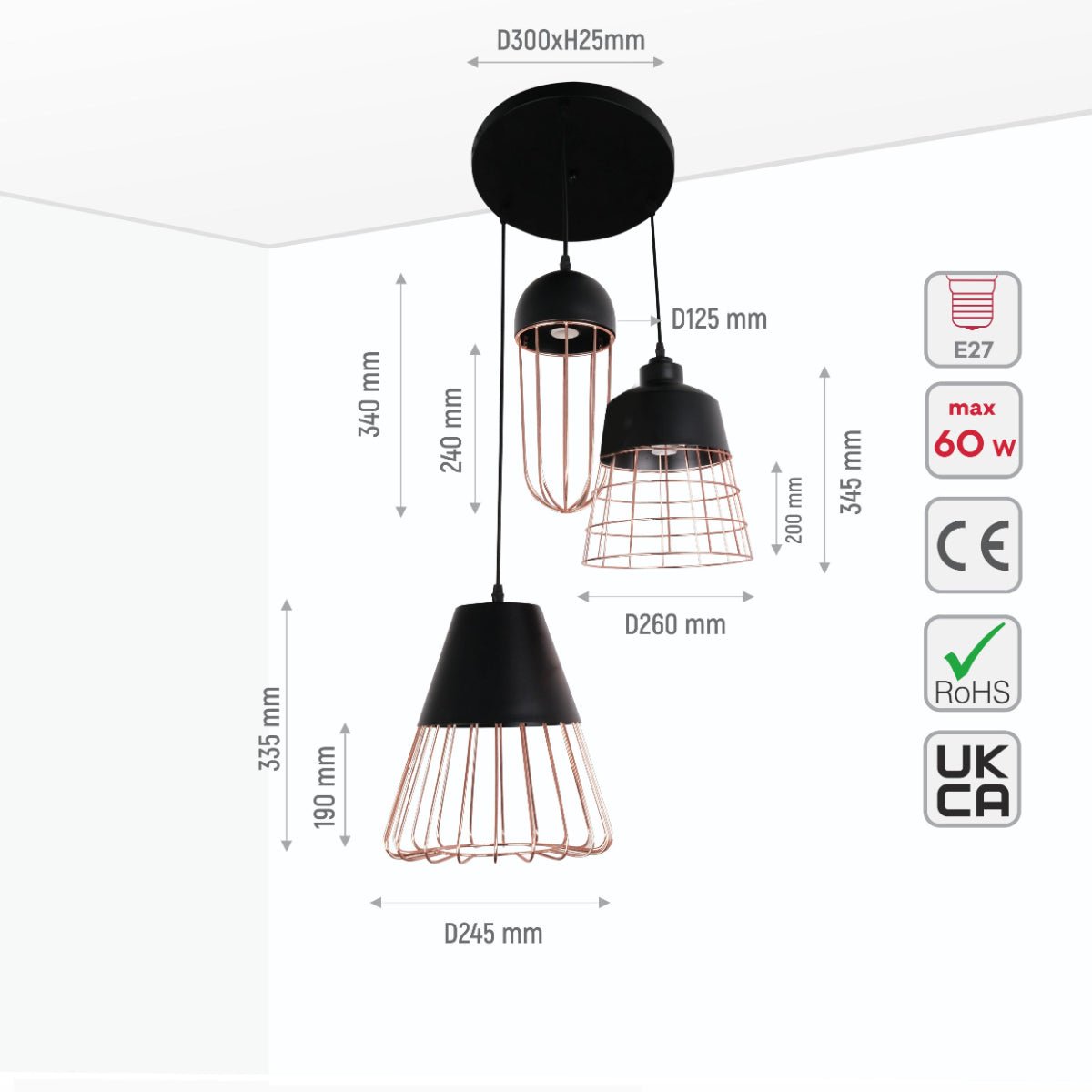 Size and specs of Black Top Rose Gold Metal Cage Mix Pendant Ceiling Light with 3xE27 | TEKLED 150-18082