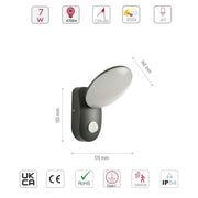 Size and specs of Black UFO LED Outdoor Wall Light with PIR Sensor | TEKLED 182-03371