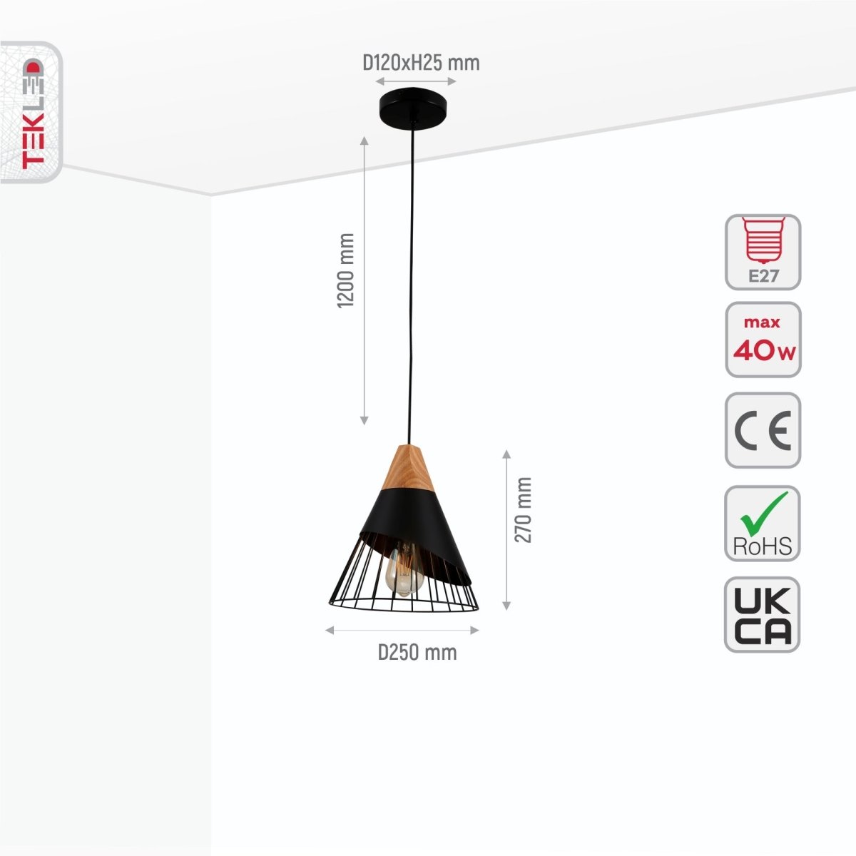 Size and specs of Black Wood Funnel Cone Caged Shuttlecock Nordic Metal Ceiling Pendant Light with E27 Fitting | TEKLED 150-18390