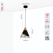 Size and specs of Black Wood Funnel Cone Caged Shuttlecock Nordic Metal Ceiling Pendant Light with E27 Fitting | TEKLED 150-18390