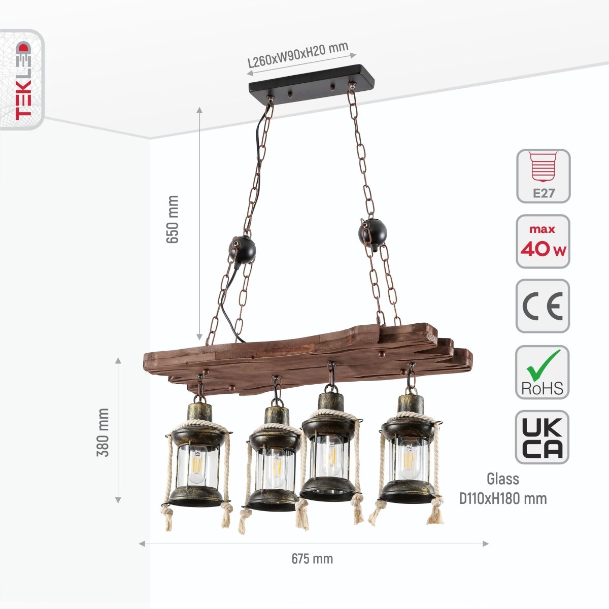 Size and specs of Board Iron and Wood Glass Cylinder Shade Island Chandelier Light 4xE27 | TEKLED 159-17852