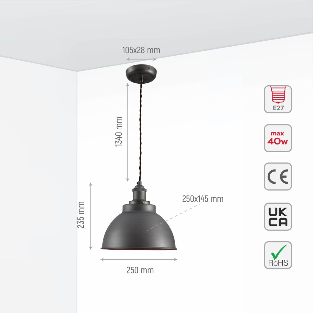 Size and specs of Brooklyn Vintage Metal Dome Pendant Light Pewter Copper  Bronze E27  | TEKLED 150-18203