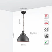 Size and specs of Brooklyn Vintage Metal Dome Pendant Light Pewter Copper  Bronze E27  | TEKLED 150-18203