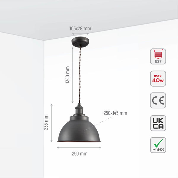 Size and specs of Brooklyn Vintage Metal Dome Pendant Light Pewter Copper  Bronze E27  | TEKLED 150-18203