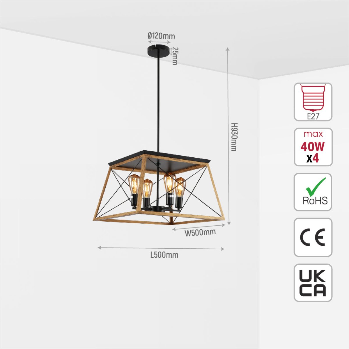Size and specs of Caged Candle Industrial Kitchen Island Retro Square Pendant Ceiling Light with 4xE27 Gold Black Finishing | TEKLED 159-17870