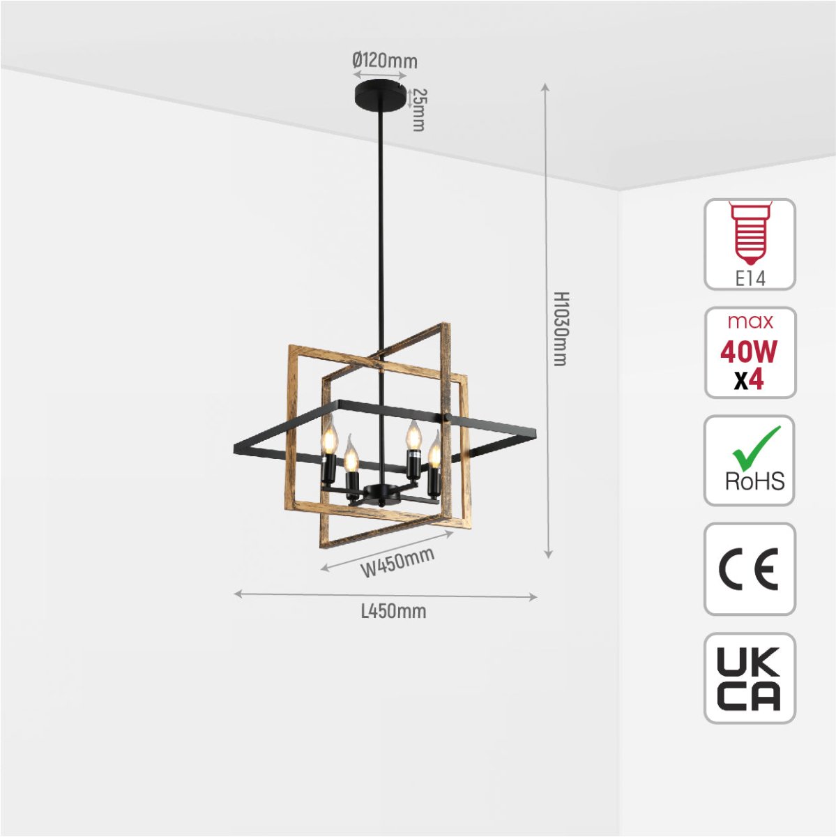 Size and specs of Caged Cuboid Rectangle Candle Lantern Nautical Pendant Ceiling Light with 4xE14 Gold Black Finishing | TEKLED 159-17866