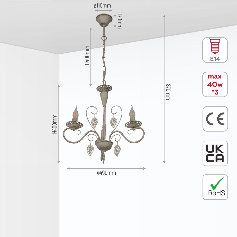 Size and specs of Candle French Mediterian Leaf Traditional Vintage Gold Patinated White Ceiling Light with 3xE14 Fittings | TEKLED 158-19094