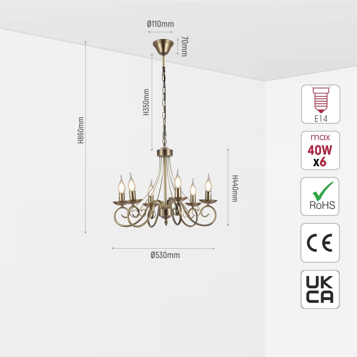 Size and specs of Candle Vintage Antique Brass French Chandelier Ceiling Light 3xE14 | TEKLED 152-17619
