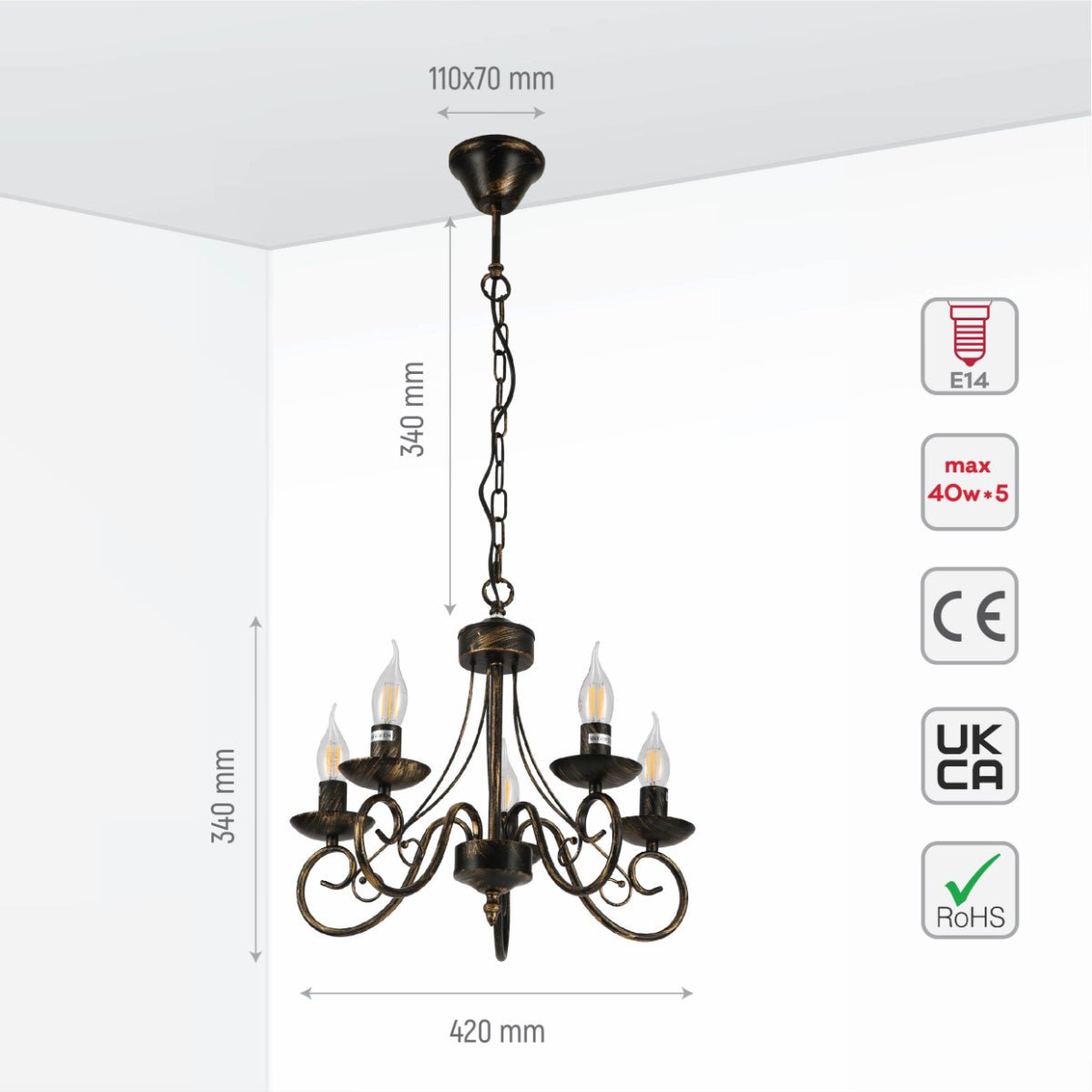 Size and specs of Candle Vintage Gold Patinated Black French Chandelier Ceiling Light 5xE14 | TEKLED 152-17615