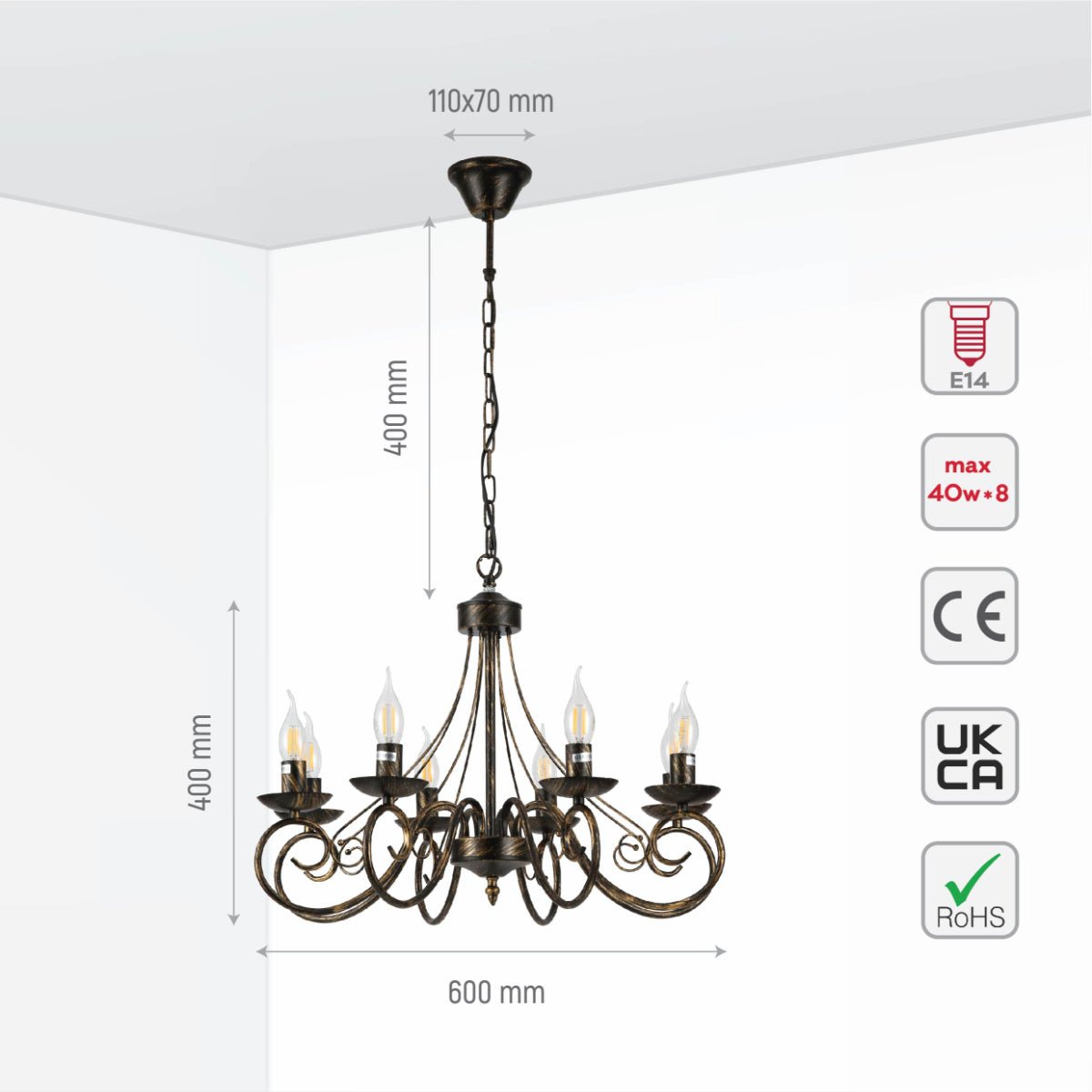 Size and specs of Candle Vintage Gold Patinated Black French Chandelier Ceiling Light 8xE14 | TEKLED 152-17616