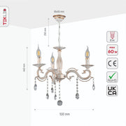 Size and specs of Candle Waterfall Traditional Retro Vintage 3 Arm Chandelier Ceiling Light Crystal Gold Aged Cream 3xE14 | TEKLED 159-17822