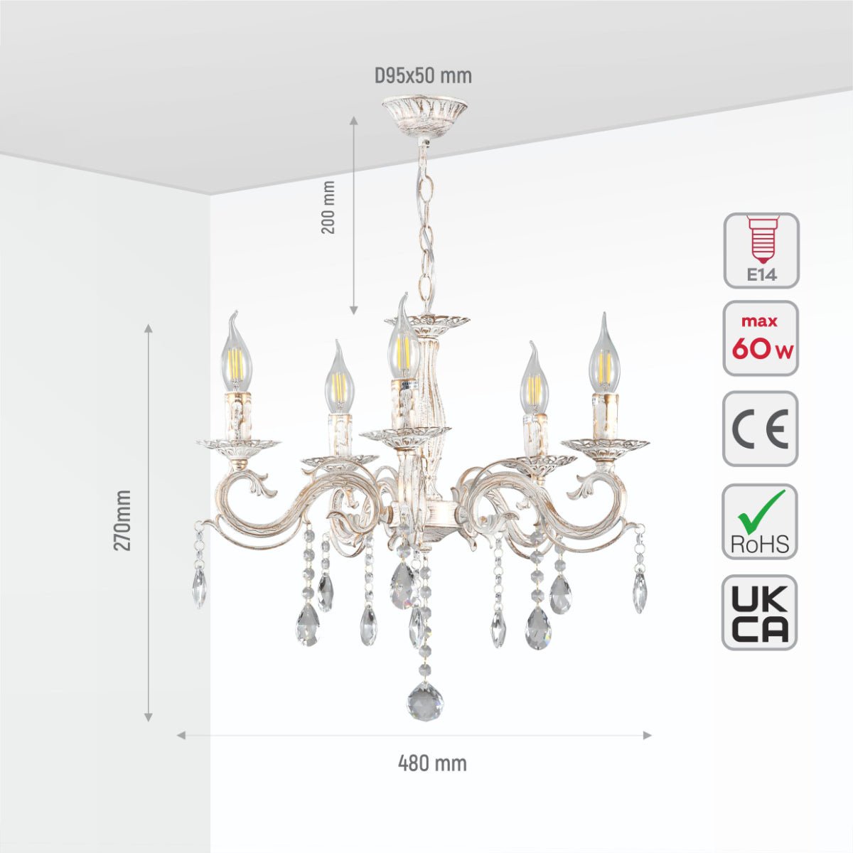 Size and specs of Candle Waterfall Traditional Retro Vintage 5 Arm Chandelier Ceiling Light Crystal Gold Aged Cream 5xE14 | TEKLED 159-17824