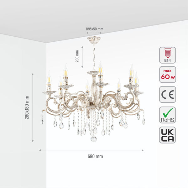 Size and specs of Candle Waterfall Traditional Retro Vintage 8 Arm Chandelier Ceiling Light Crystal Gold Aged Cream 8xE14 | TEKLED 159-17826