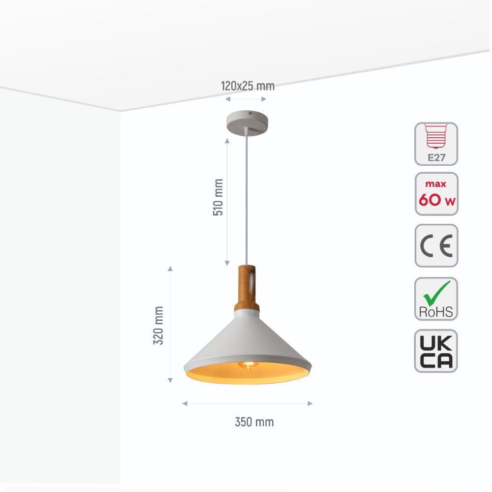 Size and specs of Capo Funnel Cone Flat Nordic Wood Top White or Black Designer Metal Pendant Ceiling Light E27 | TEKLED 150-18032