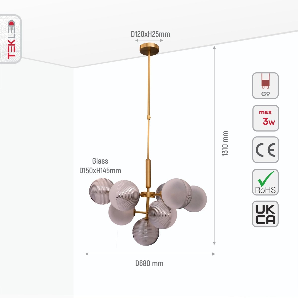 Size and specs of Chandelier Pyramid Smoky Glass Gold Body with 10xG9 Fitting | TEKLED 159-17330