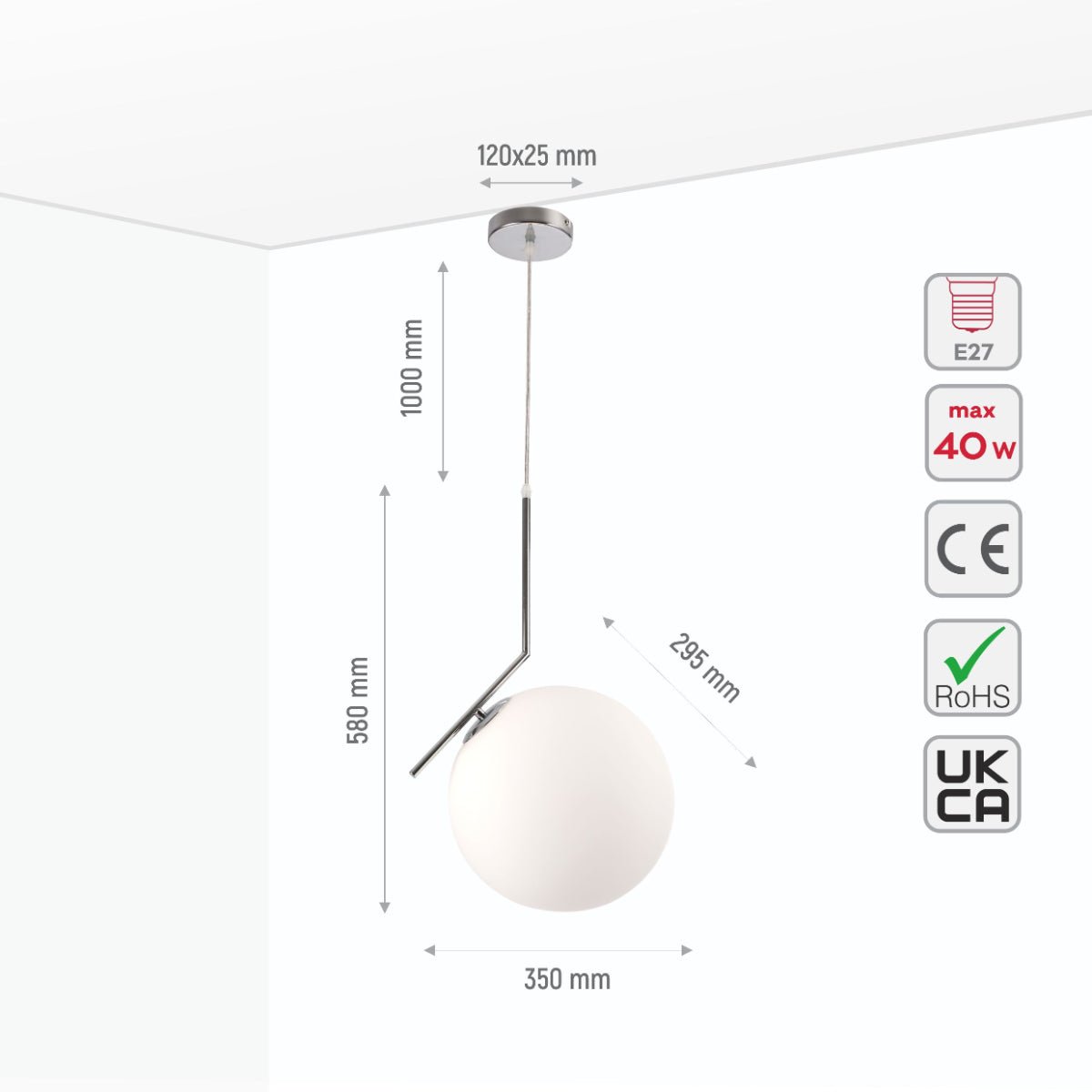 Size and specs of Chrome Metal Opal White Glass Globe Pendant Ceiling Light L with E27 | TEKLED 156-19508