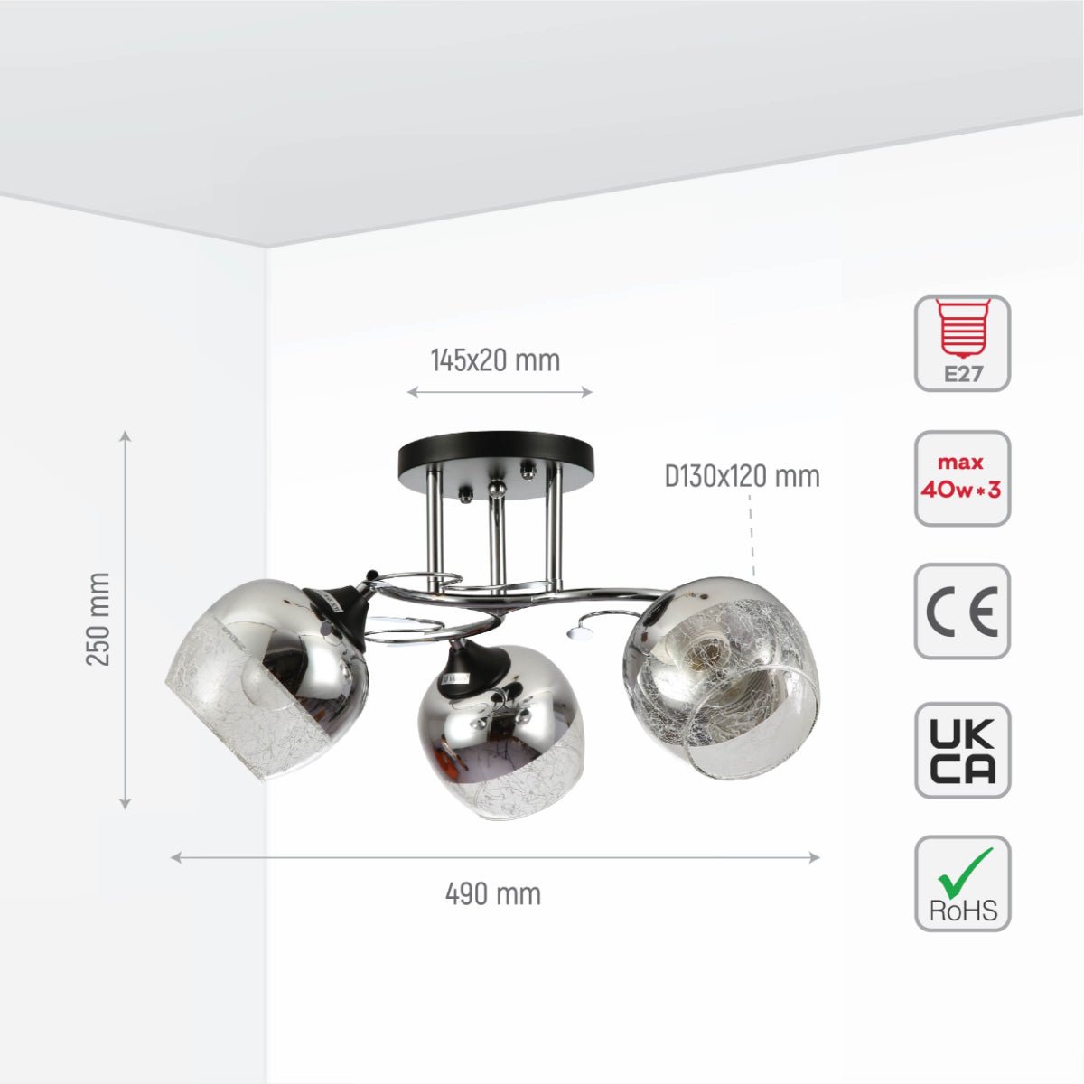 Size and specs of Chrome Metal Partial Mirror Cone Glass Ceiling Light with E27 Fittings | TEKLED 159-17606