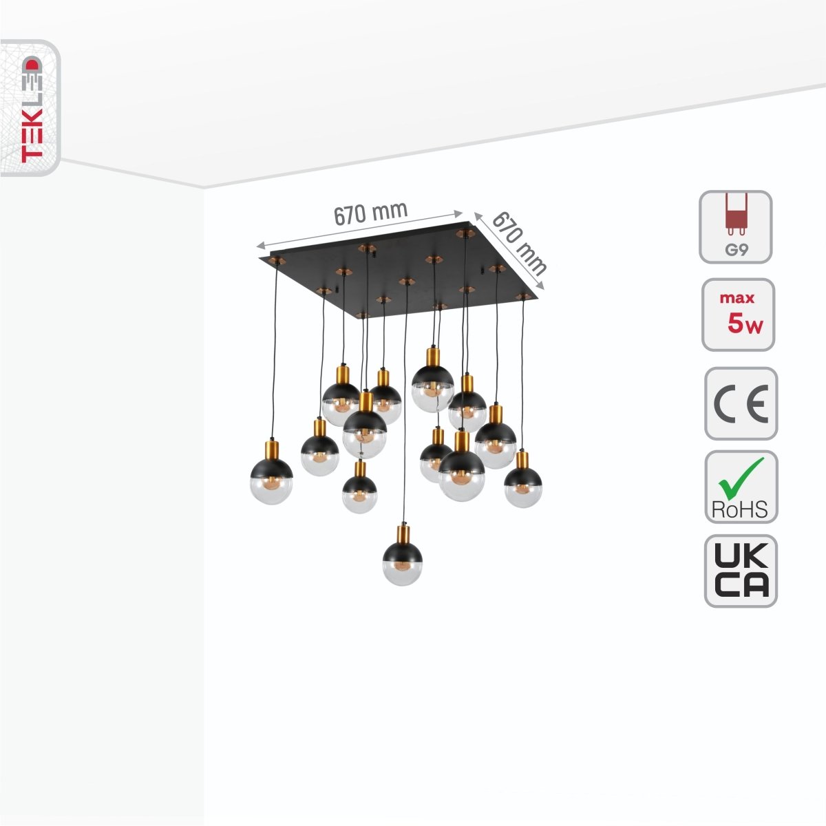 Size and specs of Clear Black Globe Glass Modern Nordic Chandelier with 13xG9 Fitting | TEKLED 158-19570