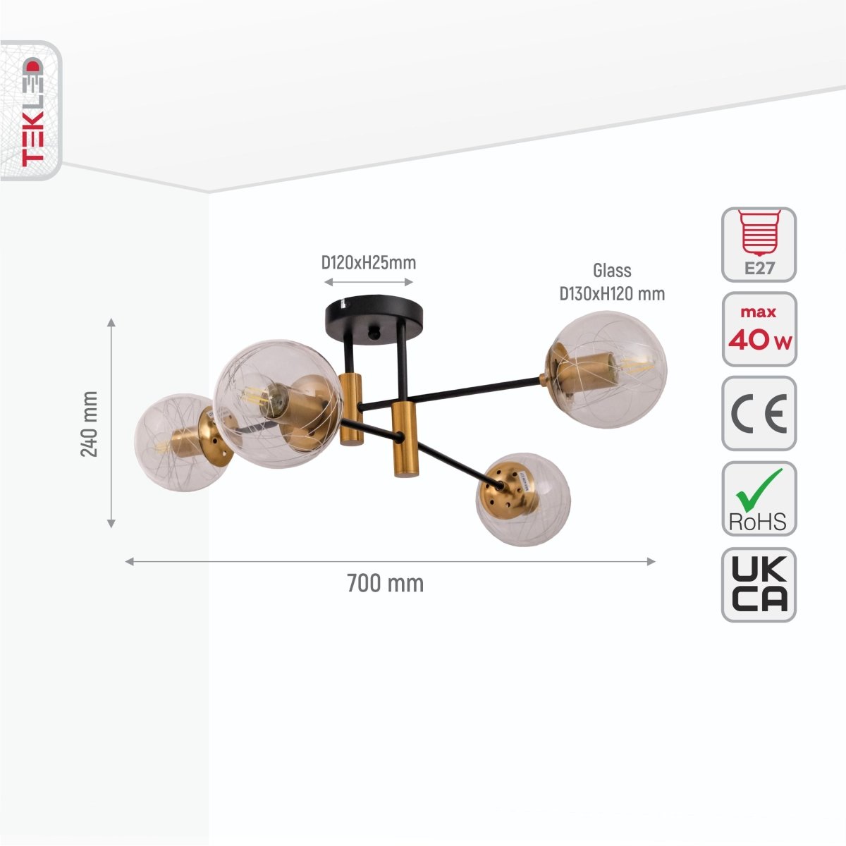 Size and specs of Clear Glass Globe Gold and Black Metal Semi Flush Ceiling Light with 4xE27 Fitting | TEKLED 159-17430