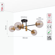 Size and specs of Clear Glass Globe Gold and Black Metal Semi Flush Ceiling Light with 4xE27 Fitting | TEKLED 159-17430