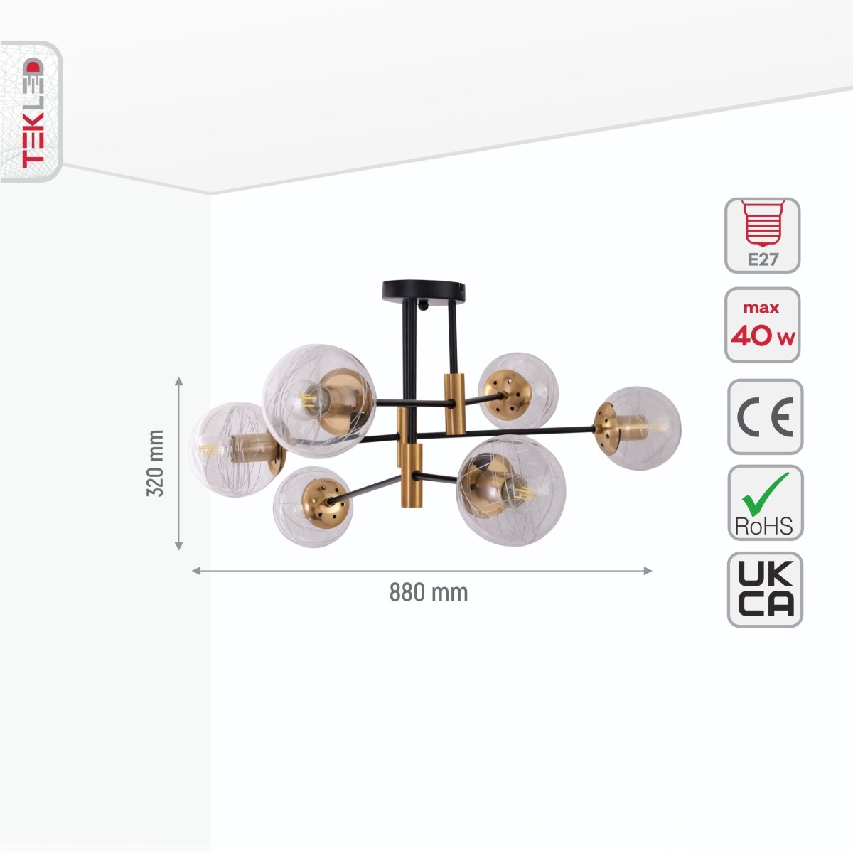 Size and specs of Clear Glass Globe Gold and Black Metal Semi Flush Ceiling Light with 6xE27 Fitting | TEKLED 159-17432