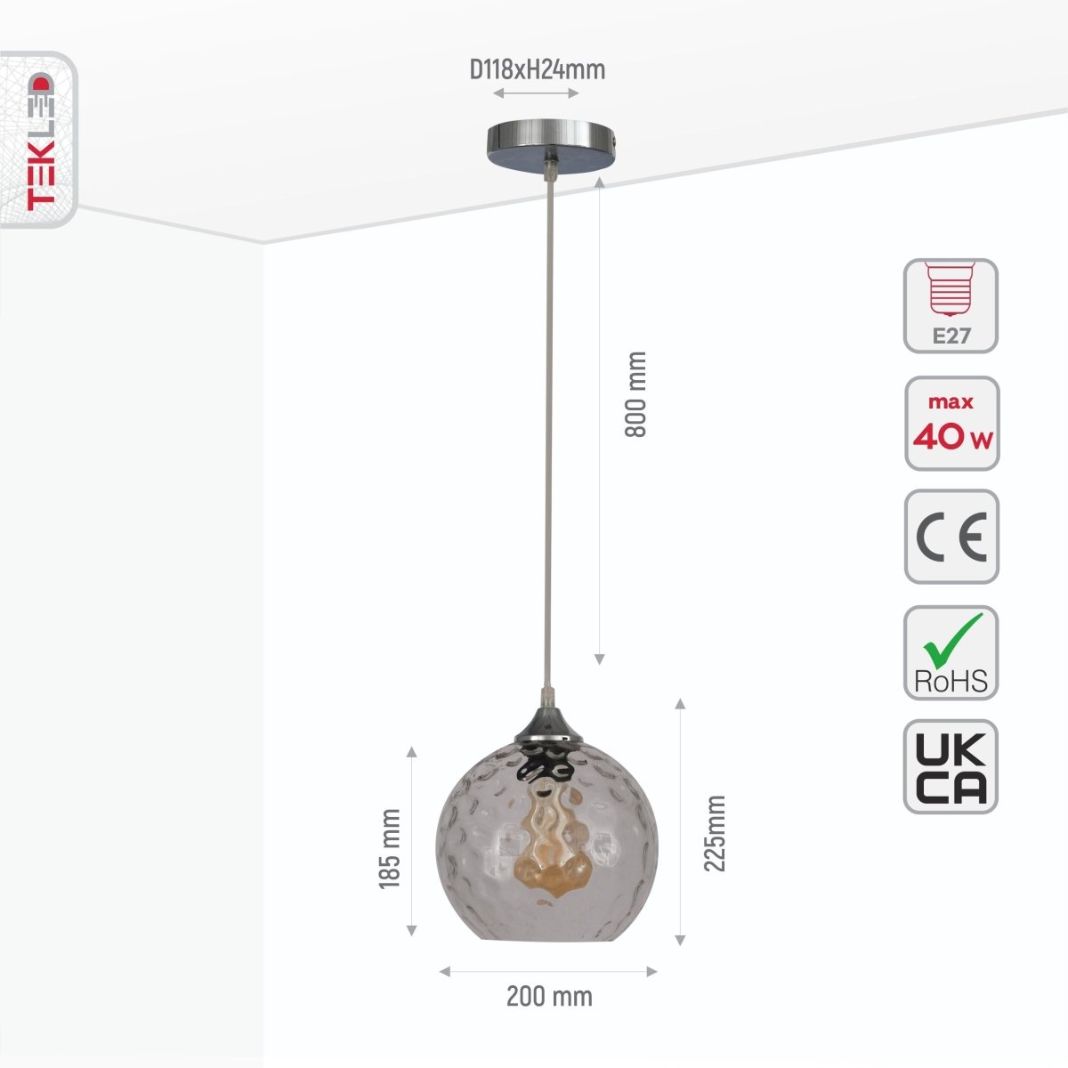 Size and specs of Clear Glass Pendant Light D200 with E27 Fitting | TEKLED 158-19670