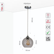 Size and specs of Clear Glass Pendant Light D200 with E27 Fitting | TEKLED 158-19670