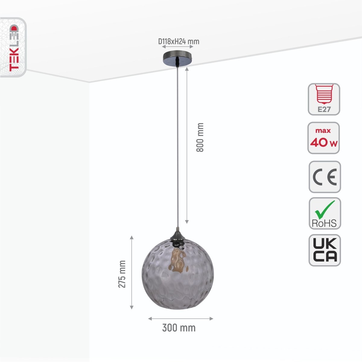 Size and specs of Clear Glass Pendant Light D300 with E27 Fitting | TEKLED 158-19674
