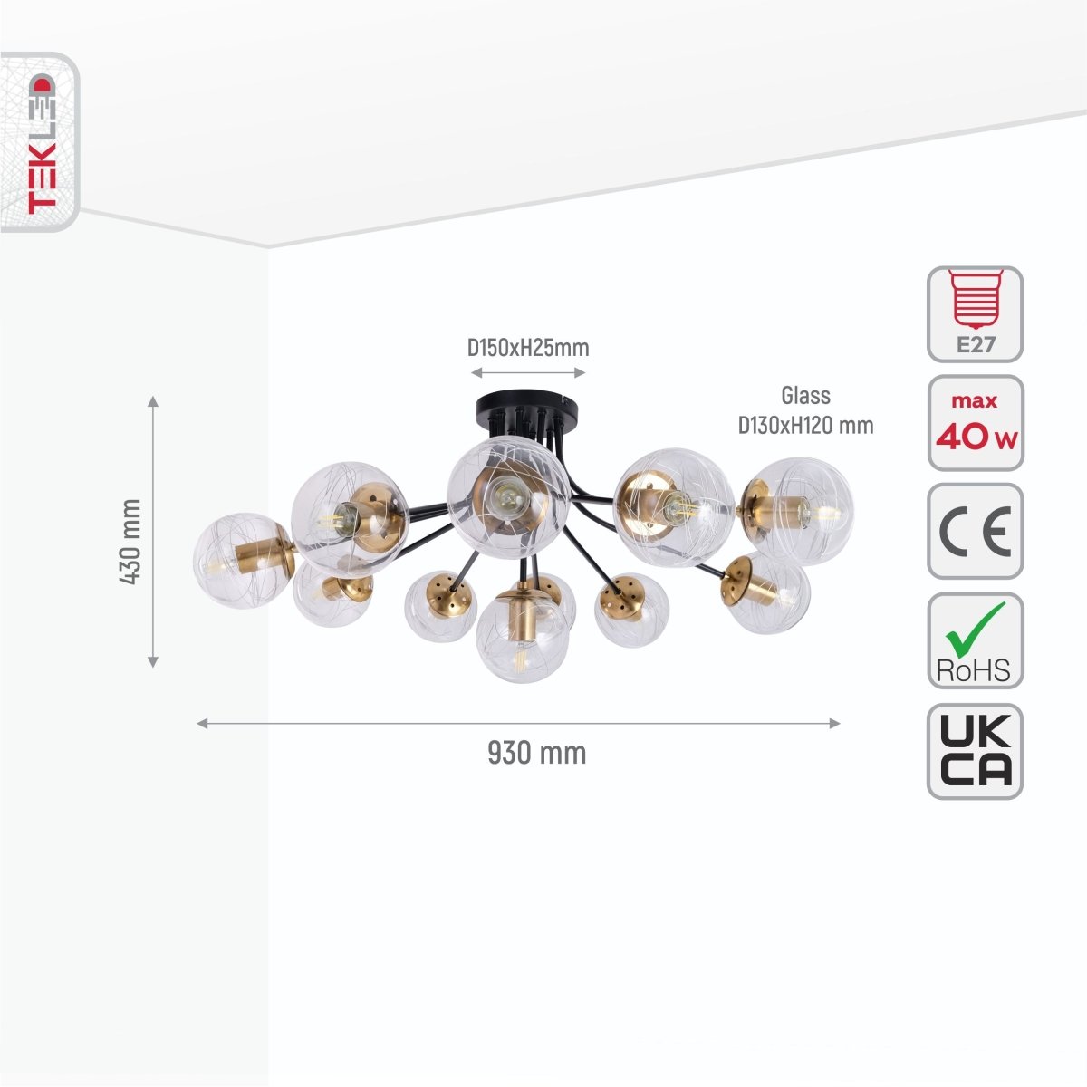 Size and specs of Clear Globe Glass Black Metal Semi Flush Ceiling Light with 11xE27 Fittings | TEKLED 159-17418
