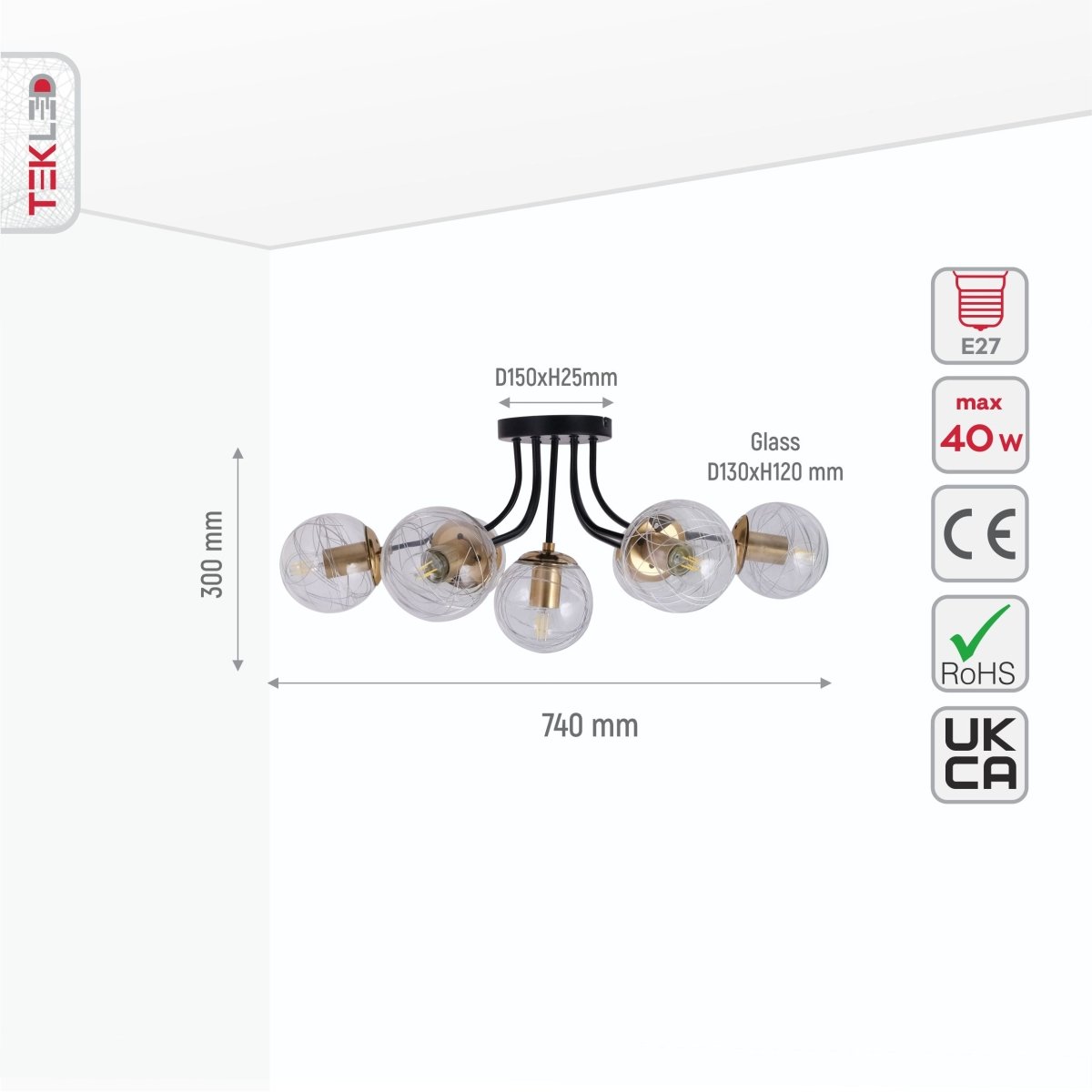 Size and specs of Clear Globe Glass Black Metal Semi Flush Ceiling Light with 7xE27 Fittings | TEKLED 159-17416