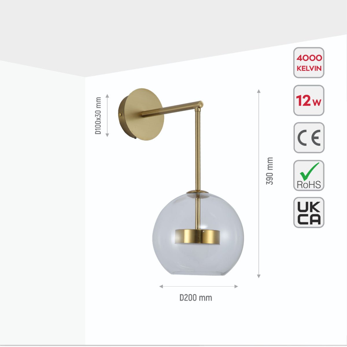 Size and specs of Clear Globe Glass Gold L-Shape Metal Cool Natural White 12W LED Wall Light | TEKLED 151-19744